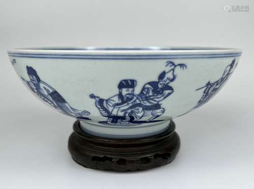 Eight immortals depicted blue&white bowl, marked, Qing Dynas...