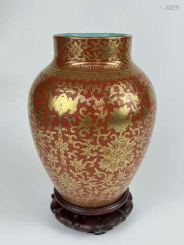 A heavly gilt black red baluster vase, marked, Qing Dynasty ...