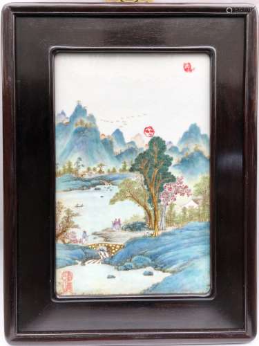 Chinese Painted Porcelain Plaque of River and Mountain Scene...