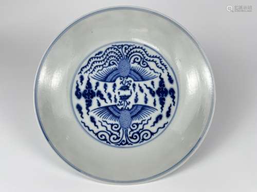 A blue&white phonex depicted platter, marked, Qing Dynasty P...