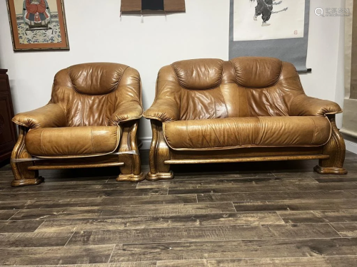 Set of 2 Leather Sofas and 3 Tables