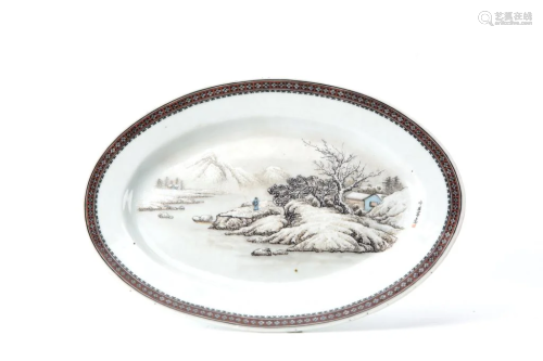 Famille Rose Snowy Landscape Dish, Jingdezhen Mark