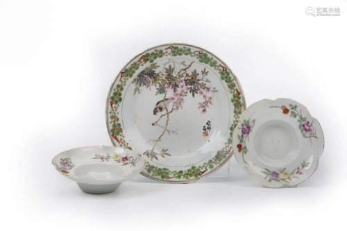 Set of 3 Famille Rose Birds and Flowers Dishes, Republican P...