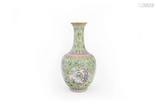 Apple-Green-Ground Famille Rose Porcelain Vase, Jiaqing Mark