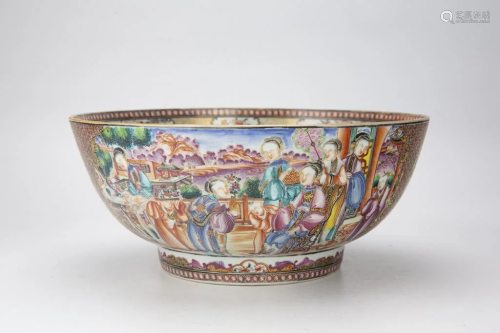 Export Famille Rose Gilt Figural Punch Bowl, Qing Dynasty