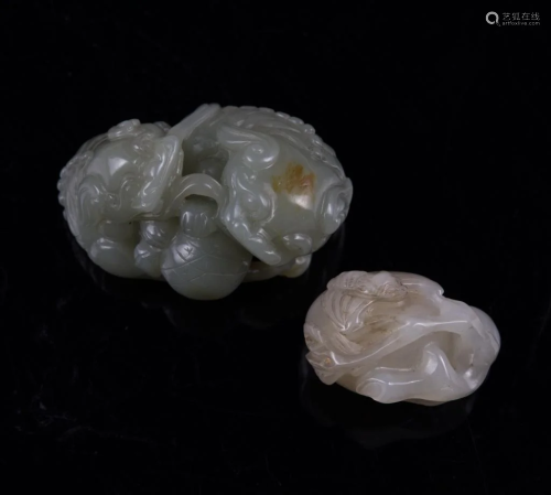 Celadon and Russet Jade Carved Group Lion with A Ball TOGETH...