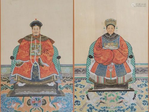 Pair of Chinese Ancestral Portraits, Qing Dynasty