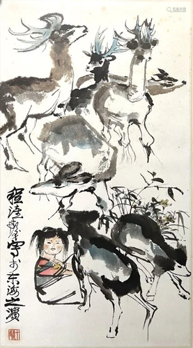 Girl and Deers - Cheng Shifa (1921-2007)