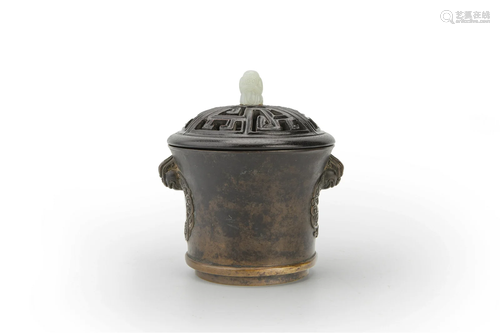 Ming Style Bronze Beaker Censer with Qilin and Lingzhi Handl...