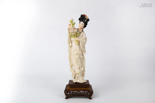 Polychrome Bone Carved Goddess Statue with Stand