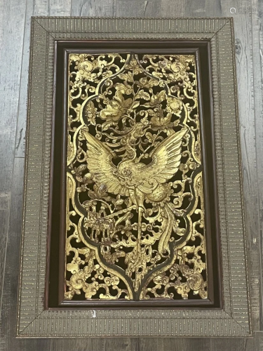 Wood Carved Gilt Lacquer Openwork Phoenix Hanging Screen, La...
