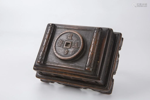 3-Part Wood Carved Coin Motif Desk Box with Stand, Late Qing...