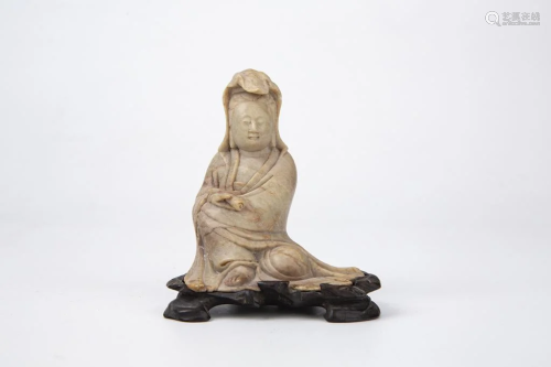 Shoushan Soapstone Figure of Guanyin with Hardwood Stand, 19...