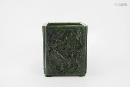 Jade Carved Figural Sqaure Brushpot - Bitong, Qianlong Mark