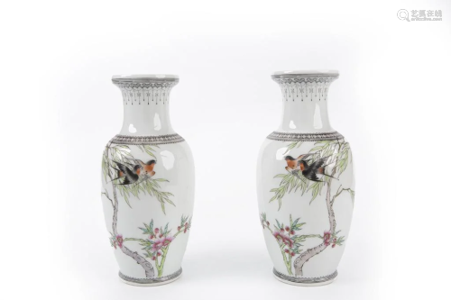 Pair of Famille Rose Swallow Roudeau Vases