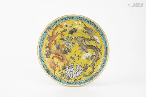 Yellow Ground Gilt Dragon Dish, Qing Dynasty, Guangxu Mark a...