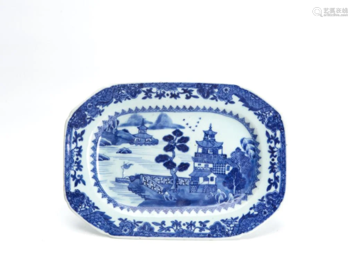 Blue White Pavillion and Landscape Dish, Mid Qing Dynasty