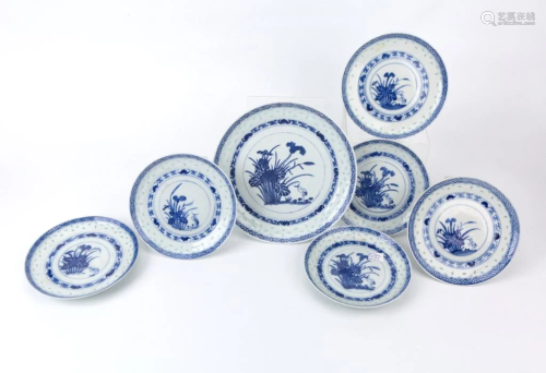 Set of 7 Blue White Floral Dishes