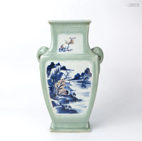 Celadon Glazed Blue White Fanghu Vase with Elephant-Handles