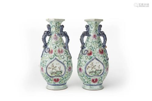 Pair of Famille Rose Dragon-Handle Lozenge Section Vases, La...