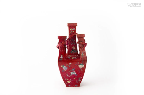 Famille Rose Red Glazed Chilong Floral Five-Tube Vase, Yongz...
