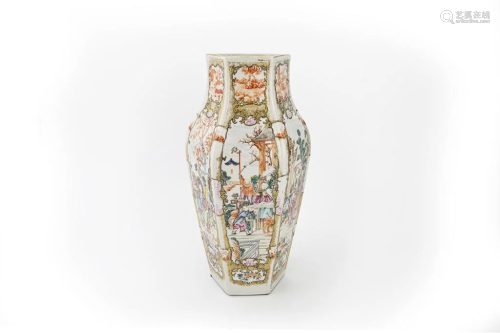 Export Hexagonal Gilt Figural Vase, Qing Dynasty