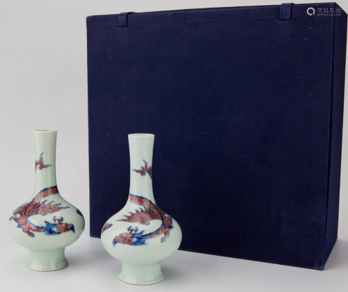 Pair of Underglaze-Blue and Copper-Red Dragon Vases, Yongzhe...