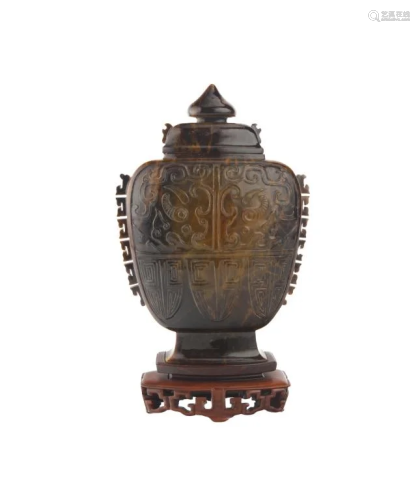 Tiger's Eye Stone Carved Archaistic Covered Vase