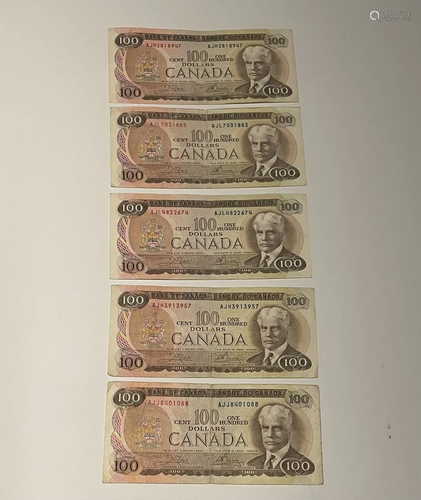 Set of 5 Canadian Banknotes, 1975