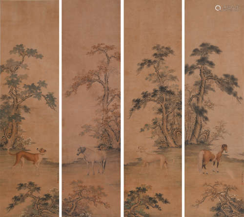郎世宁（款） (1688-1766) 动物四屏