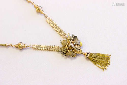 14k Victorian  Tassel Necklace with Pearls and Enamel