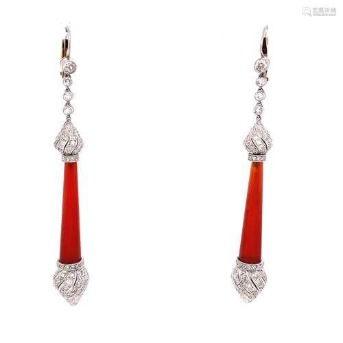 Platinum Diamond Carnelian Drop Earrings