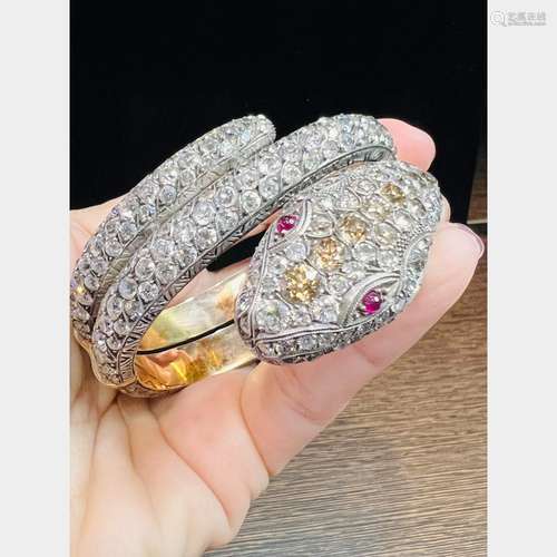 18K & Silver Top Diamond Snake Bangle