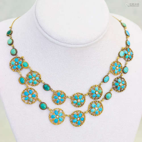 14k Victorian Turquoise Cobblestone Cluster Necklace