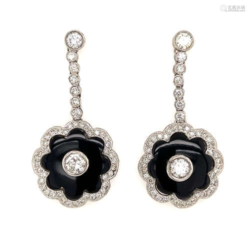 Platinum Diamond Onyx Drop Earrings 