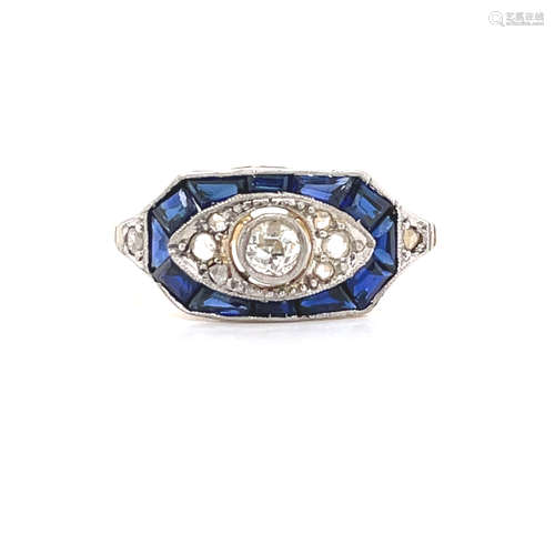 18k Platinum Art Deco Diamond Sapphire Ring