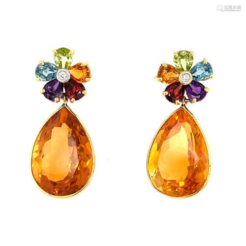 18k Multi-Gem Flower Citrine Earrings