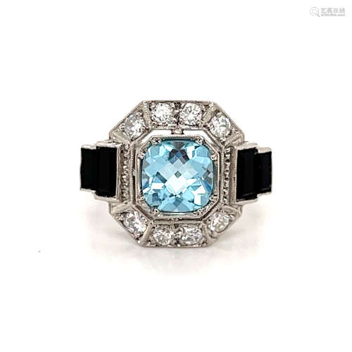 Platinum Aqua Diamond Onyx Ring 