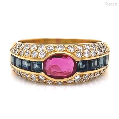 18K Yellow Gold Ruby, Sapphire, and Diamond Ring