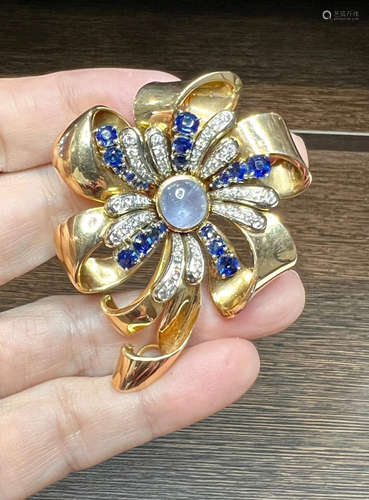 18K Yellow Gold Sapphire and Diamond Brooch