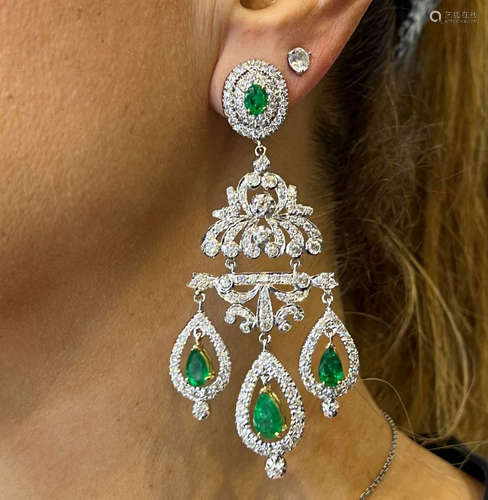 18K White & Yellow Gold Emerald and Diamond Chandelier Earri...