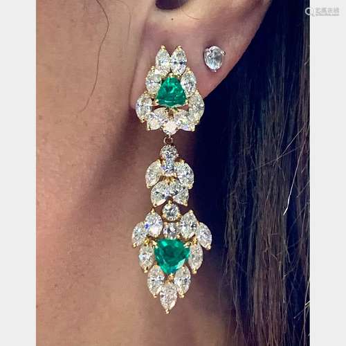 18K Yellow Gold Emerald and Diamond Earrings