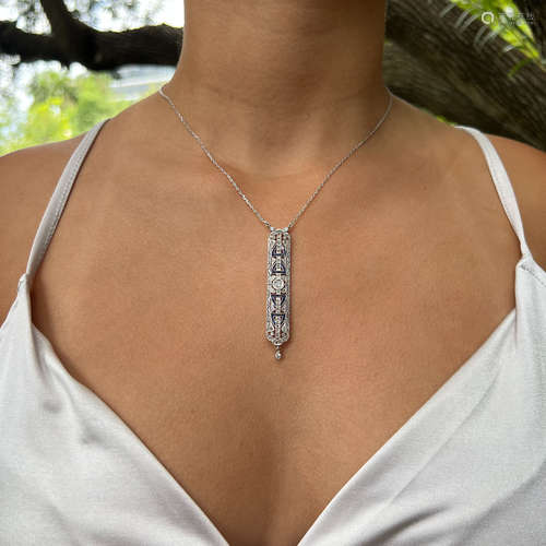 Art Deco Platinum Diamond Sapphire Pendant 