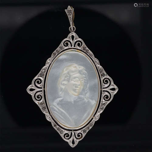 Platinum Gold Art Nouveau Carved Nacar Pendant 