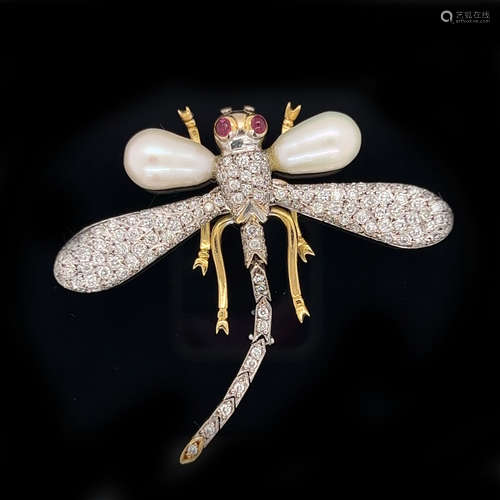 18k Diamond Pearl Articulated Dragonfly Pendant Brooch 