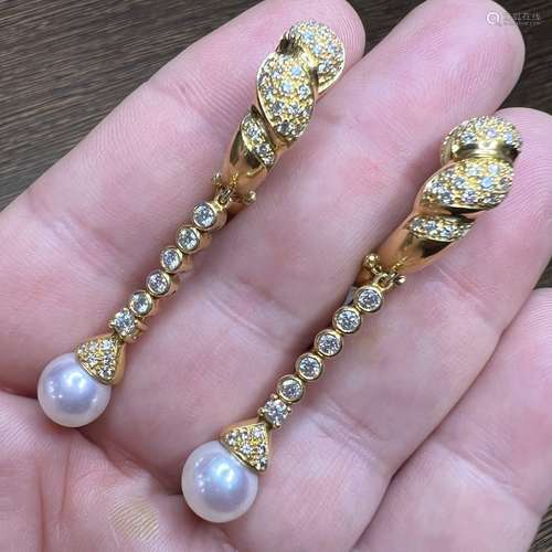 18K Yellow Gold Pearl and Diamond Earrings