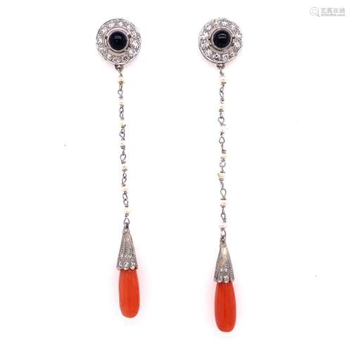 Platinum Diamond Onyx Pearl Coral Earrings