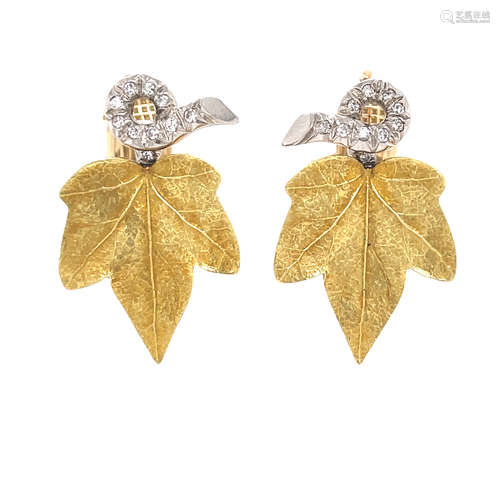 Platinum 18k Retro Leaf Motif Clip Earrings 