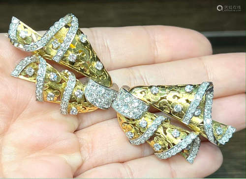 18K Yellow Gold & Platinum Brooch Set