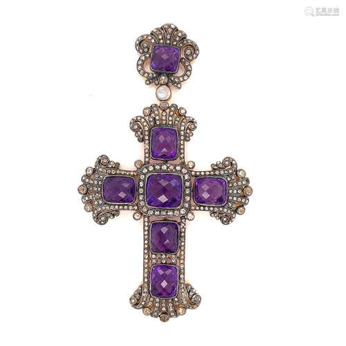 Silver and Gold Amethyst Diamond Cross Pendant Brooch